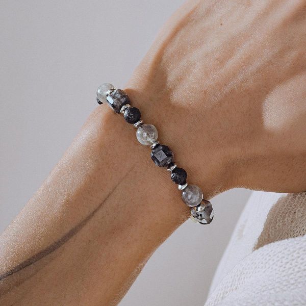 Unisex | 極晝系 - 殘影 * 黑閃石 拉長石 火山岩 水晶 礦石 手環 不銹鋼 交換禮物 水晶手環 男 禮物男友禮物 男生手鍊 男生禮物 礦石