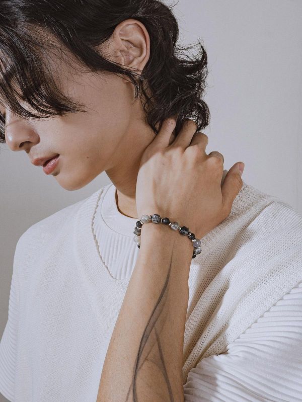 Unisex | 極晝系 - 殘影 * 黑閃石 拉長石 火山岩 水晶 礦石 手環 不銹鋼 交換禮物 水晶手環 男 禮物男友禮物 男生手鍊 男生禮物 礦石