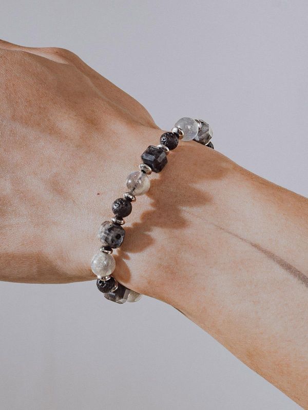 Unisex | 極晝系 - 殘影 * 黑閃石 拉長石 火山岩 水晶 礦石 手環 不銹鋼 交換禮物 水晶手環 男 禮物男友禮物 男生手鍊 男生禮物 礦石