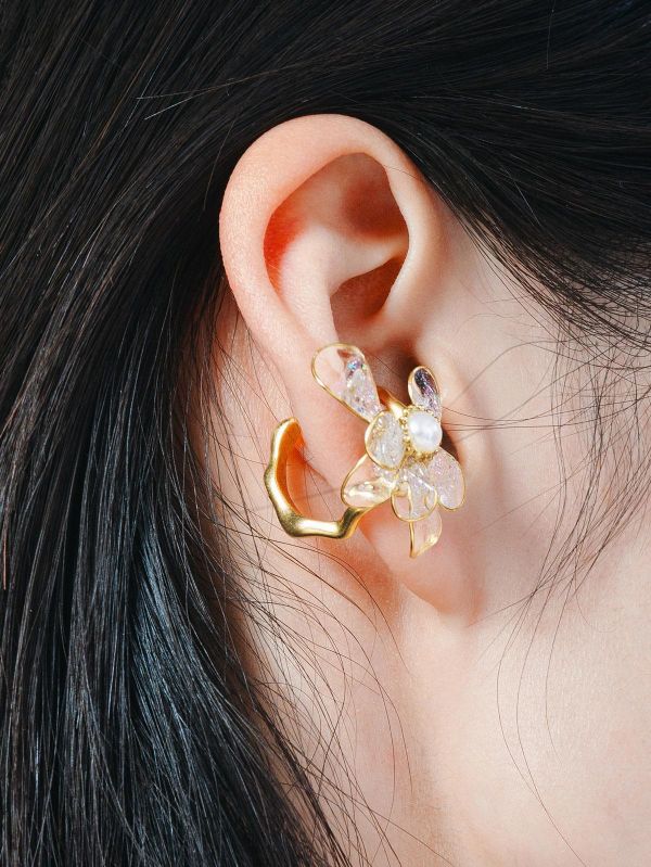 VERNL | 春息 - 透明 * 黃銅 珍珠 花朵 彩色 樹脂 戒指 耳骨夾 交換禮物 情人節禮物 戒指珍珠 珍珠 耳骨夾 生日禮物 耳窩夾 花耳環