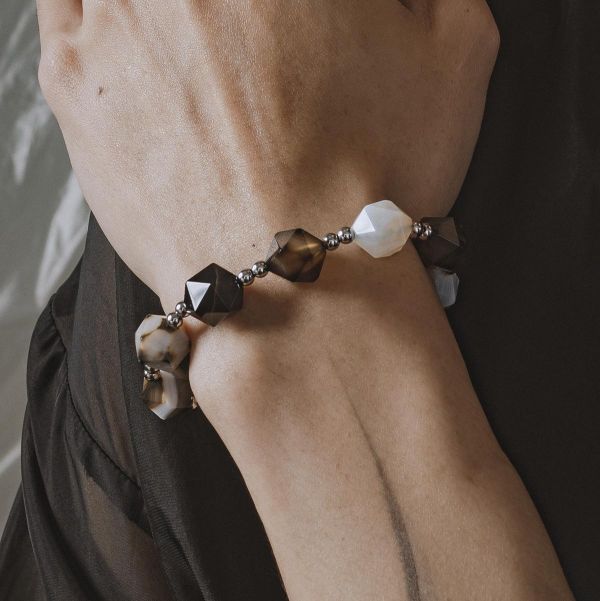 Unisex | 極晝系 - 黑煙 * 不銹鋼 水晶 礦石 瑪瑙 中性 手環 不銹鋼 交換禮物 男 禮物 男 手鍊 男友禮物 男生禮物 男生手鍊 手鍊