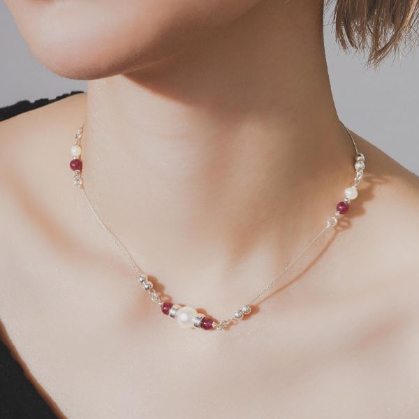 SCARLET - 蝕 *  紅石榴 珍珠 純銀 項鍊 交換禮物 婚禮小物 情人節禮物 招財 水晶項鍊 生日禮物 畢業禮物 礦石 能量水晶