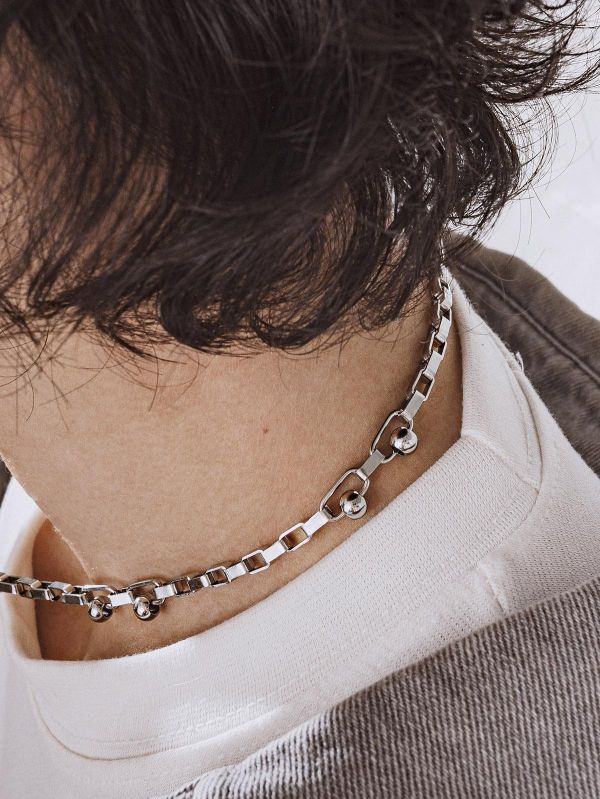 Unisex | 極晝系 - 冷光 * 不銹鋼 中性 圓球 方鏈 項鍊 不銹鋼 不銹鋼項鍊 交換禮物 幾何項鍊 男禮物 男友禮物 男生禮物 男生項鍊 項鍊