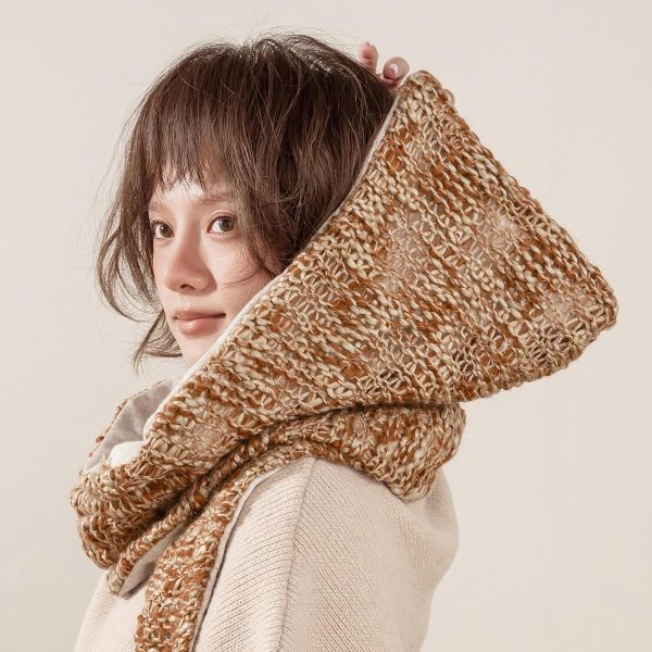 SILVA 系列 - 暮野 * 米黃 咖啡色 混織毛料 圍巾 連帽圍 保暖物件 圍巾 圍巾帽 圍脖帽子 帽子圍巾 情人節禮物 新年禮盒 毛料圍巾