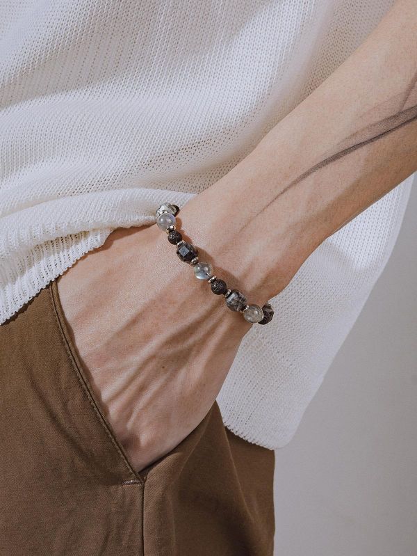 Unisex | 極晝系 - 殘影 * 黑閃石 拉長石 火山岩 水晶 礦石 手環 不銹鋼 交換禮物 水晶手環 男 禮物男友禮物 男生手鍊 男生禮物 礦石