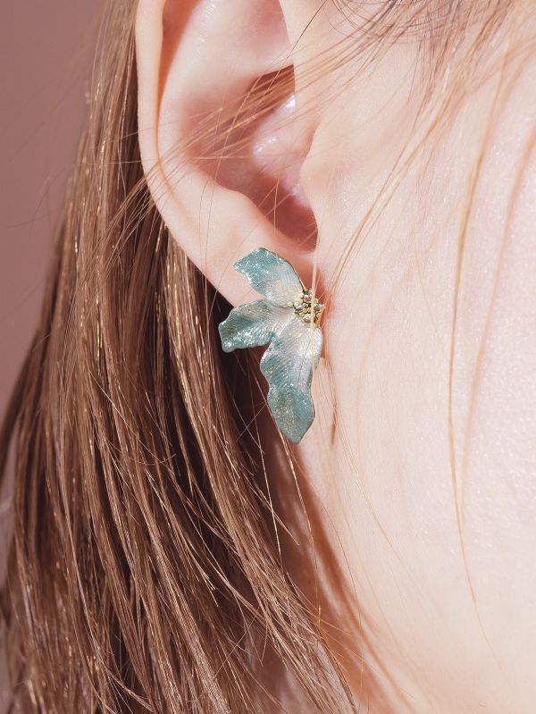 Xmas | AQUA LAKE * 湖水綠 黃銅 冷琺瑯 聖誕紅耳環 交換禮物 植物耳環 純銀耳針耳環 聖誕禮物 聖誕紅花耳環 葉子耳環 閨蜜禮物