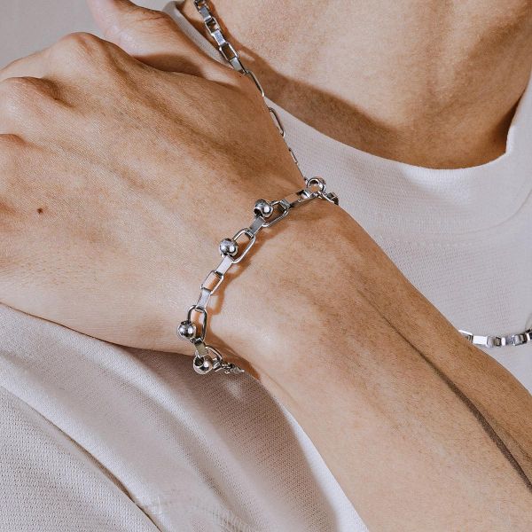 Unisex | 極晝系 - 冷光 * 不銹鋼 中性 圓球 方鏈 手鍊 不銹鋼 不鏽鋼手鍊 交換禮物 幾何項鍊 手鍊男 禮物男友 禮物男生 手鍊 男生禮物