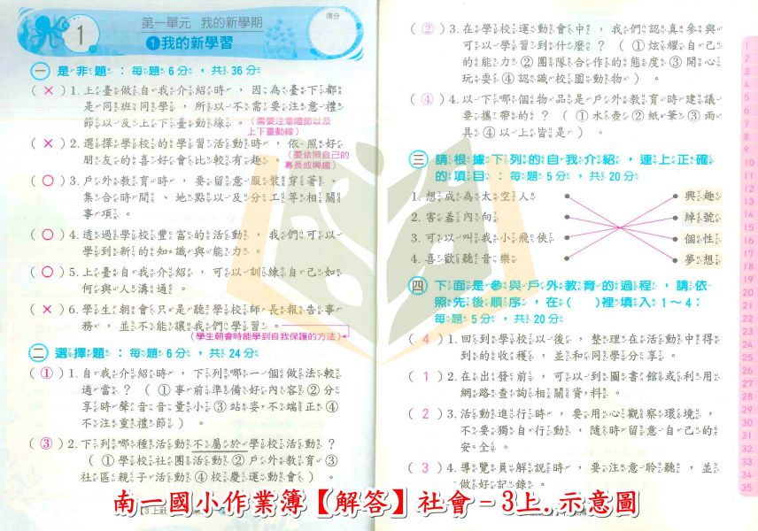 南一國小 作業簿 教師用 解答 114上 國小1~6年級 國語 數學 生活 自然 社會 