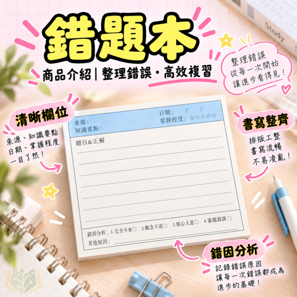 專屬訂正本【錯題本/珠光便利貼】｜國小/國中/高中通用｜錯題整理本 學習筆記本 學生專用筆記 反思學習本 國小學習工具 文具用品 學習紀錄手冊｜【作業簿】 錯題本,訂正本,40頁錯題本,錯題本橫式,錯題本直式,便利貼,繁體版,不限科目,國小錯題本,國中錯題本,高中錯題本,學習筆記本,學生筆記,反思學習