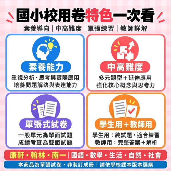 康軒國小 115上｜【國小校用卷】國小素養評量單｜國小1~6年級｜國語/數學/生活/自然/社會｜《學用+解答》 康軒國小115上,國小校用卷,素養評量單,康軒評量單,國語評量,數學評量,生活評量,自然評量,社會評量,學用,解答