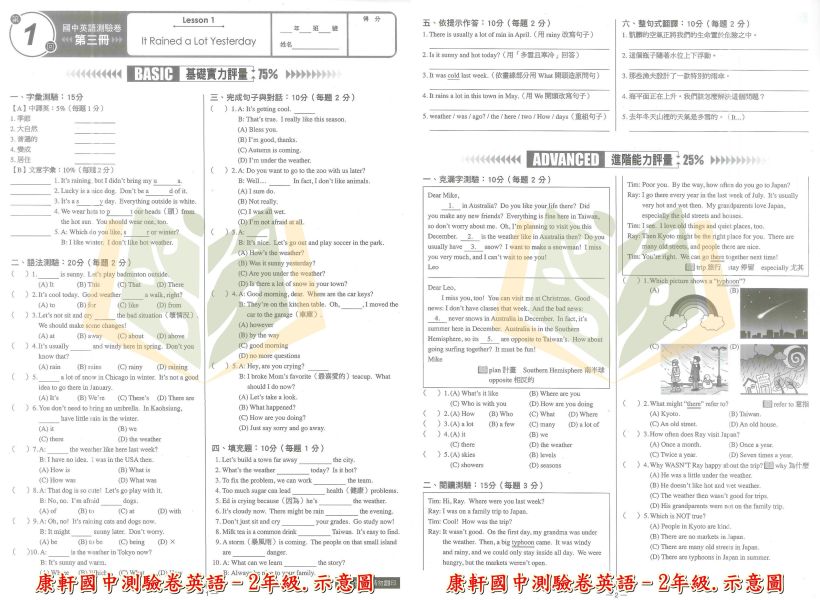 康軒國中 測驗卷 114上 113下 國中1~2年級 國文 英語 數學 自然 社會 雙面試題 附解答 