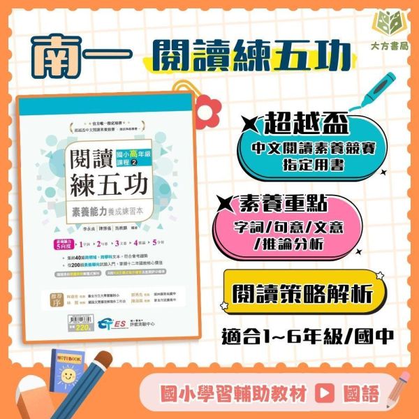 店長推薦 閱讀素養首選 南一國小/國中【閱讀練五功】超越盃 素養能力養成練習本｜國小1~6年級/國中7~9年級｜附解答【國小國語輔材】【國中國文輔材】 南一國小 國中 超越盃 素養能力養成練習本 1-7年級 國小國語 國中國文附解答 PIRLS策略 素養題解析 閱讀理解力 推論分析能力 跨領域選文 會考素養題寫作