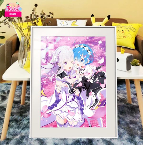 【海外代購】阿喵畫社 愛蜜莉雅與蕾姆 展館級8k超清精裱畫 午睡毛毯 書桌掛毯 冰箱貼 
