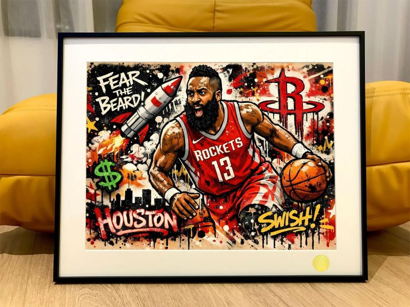 【海外代購】星空《塗鴉風哈登》火箭隊大鬍子NBA登哥裝飾畫 