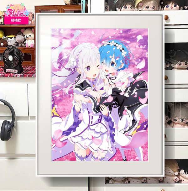 【海外代購】阿喵畫社 愛蜜莉雅與蕾姆 展館級8k超清精裱畫 午睡毛毯 書桌掛毯 冰箱貼 