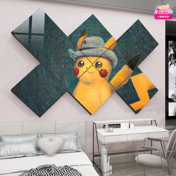 【海外代購】阿喵畫社 梵谷皮卡丘 新品超清八宮格卡磚背景牆 床頭地墊 