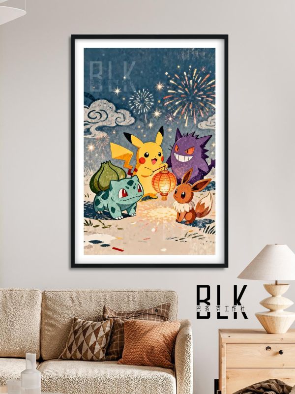 【海外代購】巴洛克 《煙火小精靈》Pikachu伊布皮卡丘耿鬼寶可夢神奇寶貝禦三家小智裝飾畫冰箱貼 