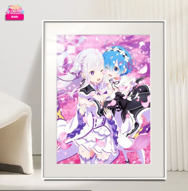【海外代購】阿喵畫社 愛蜜莉雅與蕾姆 展館級8k超清精裱畫 午睡毛毯 書桌掛毯 冰箱貼 