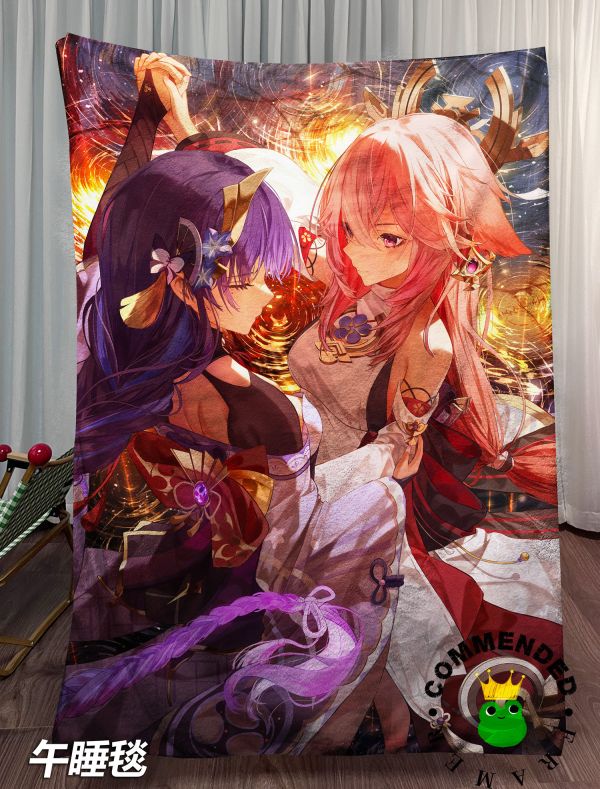 【海外代購】皇呱 《將軍神子共舞》原神稻妻雷電將軍鳴神大社的大巫女八重神子共舞週邊裝飾畫 午睡毯 地毯 