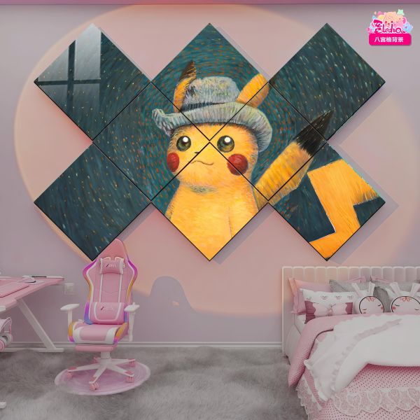 【海外代購】阿喵畫社 梵谷皮卡丘 新品超清八宮格卡磚背景牆 床頭地墊 