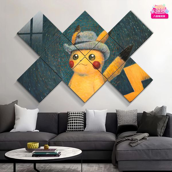 【海外代購】阿喵畫社 梵谷皮卡丘 新品超清八宮格卡磚背景牆 床頭地墊 