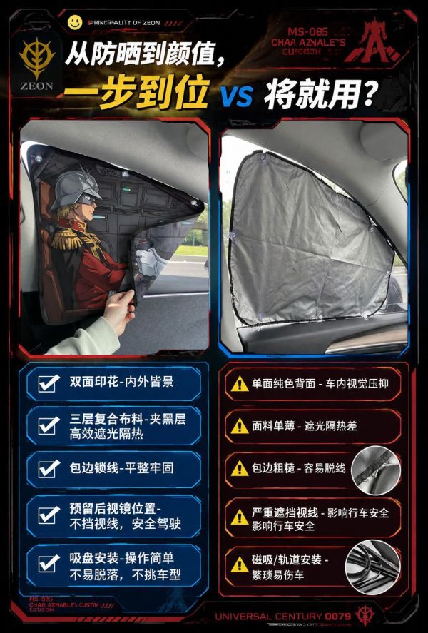 【海外代購】千鳥社《側窗遮陽隱私窗簾-夏亞》汽車側窗遮陽簾免安裝車窗防曬隔熱隱私簾機動戰士高達夏亞扎古駕駛艙Gundam 