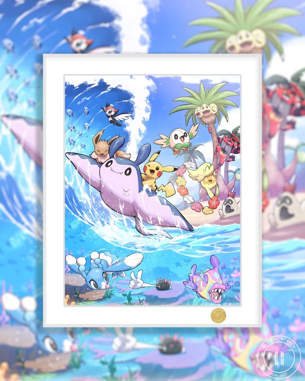 【海外代購】H2 《夏日阿羅拉》寶可夢皮卡丘伊布熾焰咆哮虎木木梟花漾海獅椰蛋樹裝飾畫 