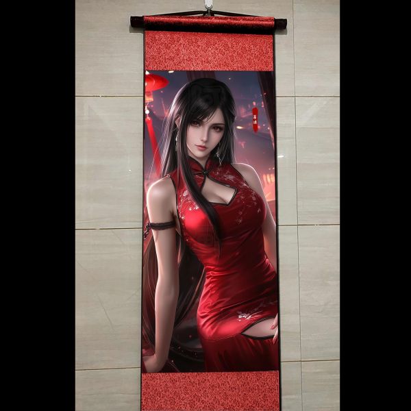 【海外代購】阿喵畫社 緋紅 旗袍蒂法 國風捲軸錦緞高清精裱畫 