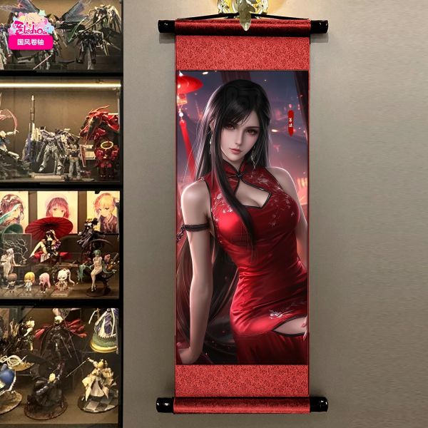 【海外代購】阿喵畫社 緋紅 旗袍蒂法 國風捲軸錦緞高清精裱畫 