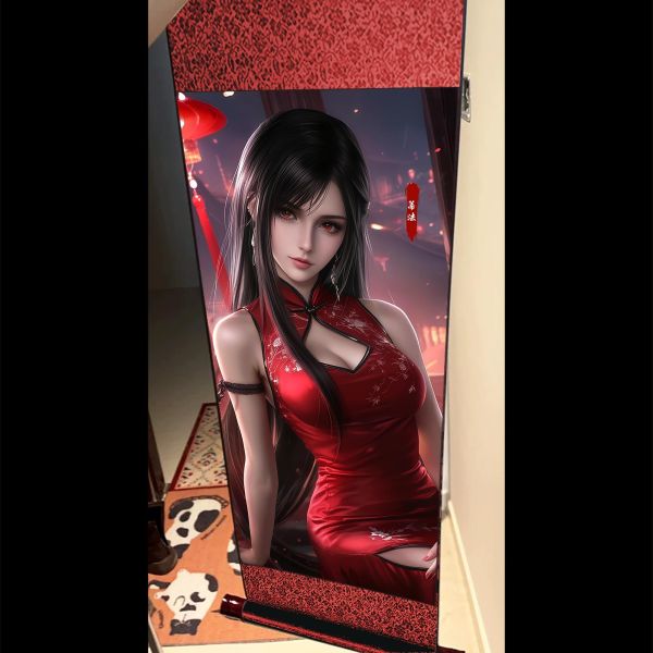 【海外代購】阿喵畫社 緋紅 旗袍蒂法 國風捲軸錦緞高清精裱畫 