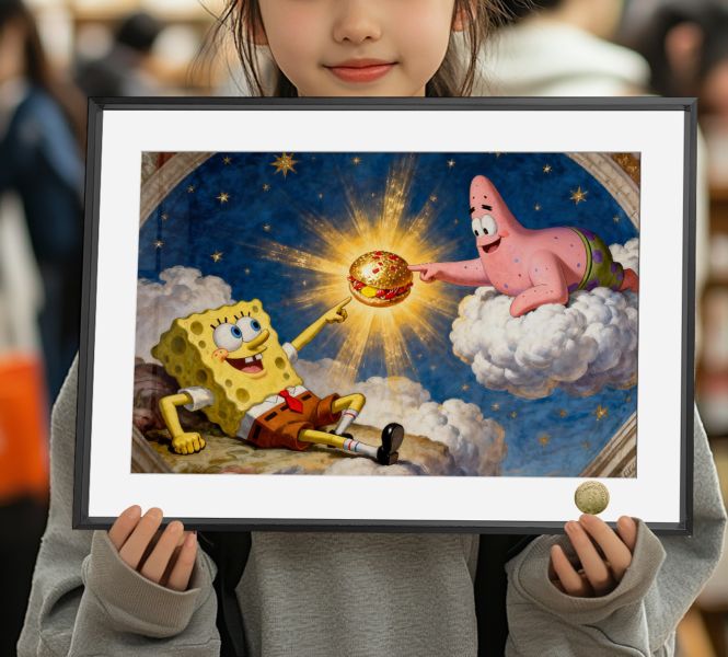 【海外代購】皇呱 《創造蟹黃堡》 海綿寶寶米開朗基羅名畫創造蟹黃堡週邊裝飾畫 午睡毯 地毯 