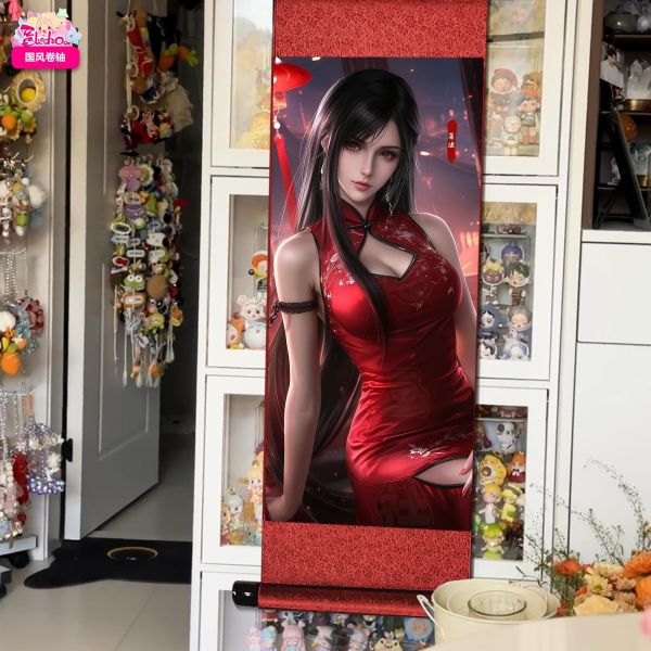 【海外代購】阿喵畫社 緋紅 旗袍蒂法 國風捲軸錦緞高清精裱畫 