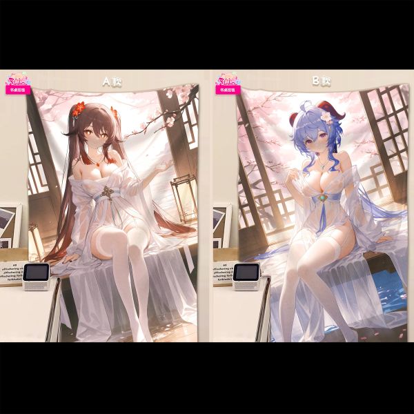 【海外代購】阿喵畫社 櫻落古韻 胡桃甘雨雙聯 原神新品8k主題高清裝飾畫 牆面掛毯 冰箱貼 