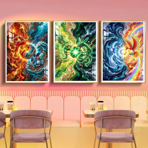 【海外代購】阿喵畫社 寶可夢 太極對峙圖三聯 12K高清裝飾畫 