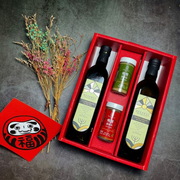 【新春限定】澳根尼禮盒A【500ML*2＋原味粉*1＋辣味粉*1】 橄欖油,澳根尼橄欖油,AUGANIC,冷壓初榨橄欖油,澳根尼,特級初榨橄欖油,澳洲