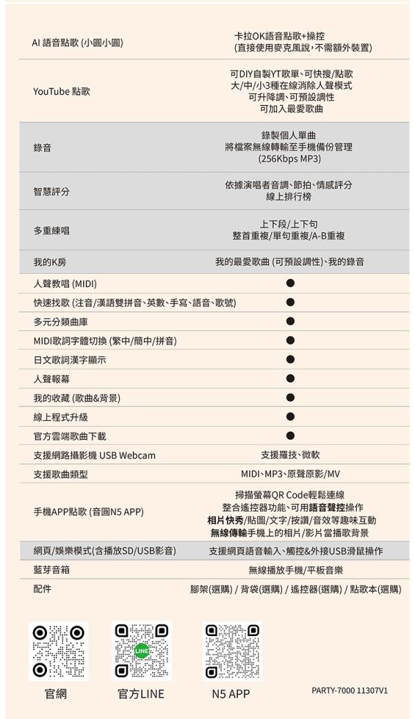 音圓 PARTY-7000無線麥克風手提式伴唱機(內建4TB硬碟/鋰電池.含兩支麥克風及皮革保護套*1) 