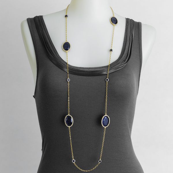 Oval Blue sand stone with pave cz 36吋 long necklace with 14 K matte gold and Black rhodium Plating Oval Blue sand stone with pave cz 36吋 long necklace with 14 K matte gold and Black rhodium Plating