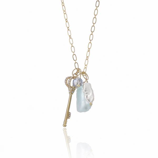 36cm GP Necklace w/ Key shaped,  CZ, Pearl & Green Fluorite Decorated Pendants 36cm GP Necklace w/ Key shaped,  CZ, Pearl & Green Fluorite Decorated Pendants