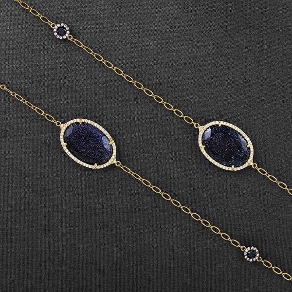 Oval Blue sand stone with pave cz 36吋 long necklace with 14 K matte gold and Black rhodium Plating Oval Blue sand stone with pave cz 36吋 long necklace with 14 K matte gold and Black rhodium Plating