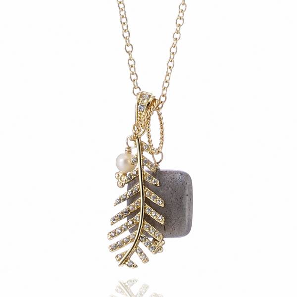 36cm GP Necklace w/ Feather shaped & Labradorine Pendants 36cm GP Necklace w/ Feather shaped & Labradorine Pendants