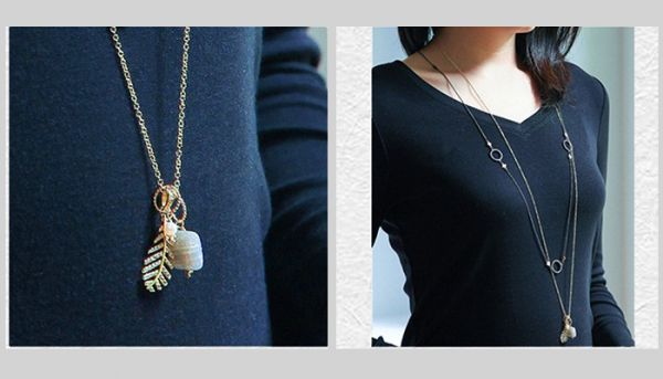 36cm GP Necklace w/ Feather shaped & Labradorine Pendants 36cm GP Necklace w/ Feather shaped & Labradorine Pendants