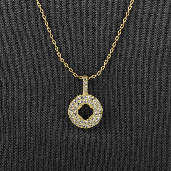 Open clover Design on the pave disc necklace with 14 K gold plating Open clover Design on the pave disc necklace with 14 K gold plating