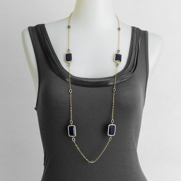 Rectangular Blue sand stone 36吋 long necklace with 14K gold and Black Rhodium Plating Rectangular Blue sand stone 36吋 long necklace with 14K gold and Black Rhodium Plating