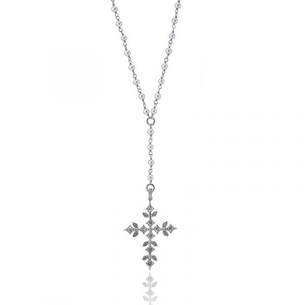 Pearl Necklace w/ 14K RPS/CZ Cross Pendant  Pearl Necklace w/ 14K RPS/CZ Cross Pendant 