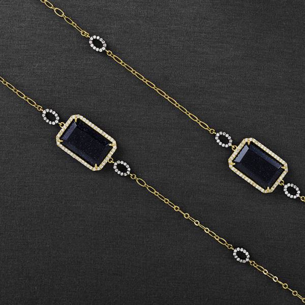 Rectangular Blue sand stone 36吋 long necklace with 14K gold and Black Rhodium Plating Rectangular Blue sand stone 36吋 long necklace with 14K gold and Black Rhodium Plating