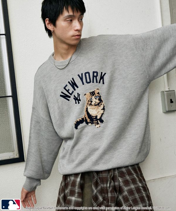 日本MLB 貓咪提花針織圓領毛衣 道奇/洋基/教士 Kueindyis,KNS日本選物,MLB,道奇,洋基,道奇,教士,帽踢,日本MLB