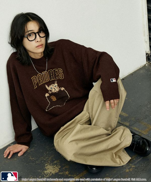 日本MLB 貓咪提花針織圓領毛衣 道奇/洋基/教士 Kueindyis,KNS日本選物,MLB,道奇,洋基,道奇,教士,帽踢,日本MLB