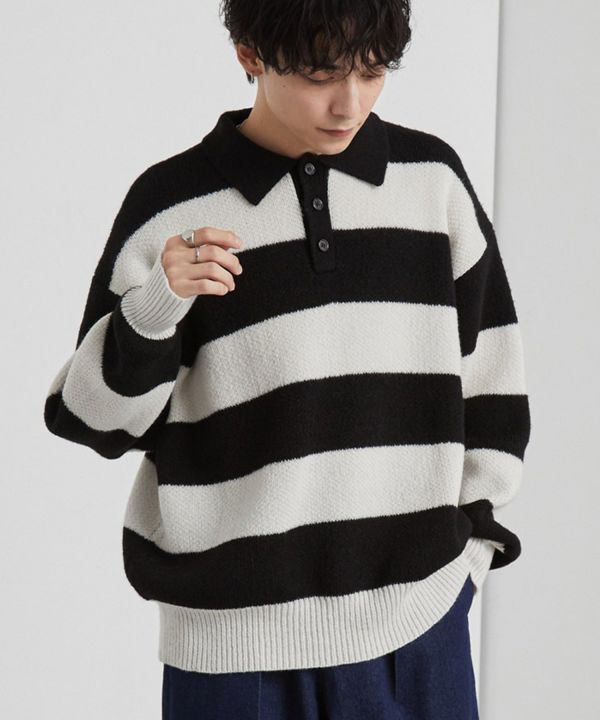日本MONO-MART 寬鬆條紋亨利領針織衫 3色可選 Kueindyis,KNS日本選物,mono-mart,中綿外套,防潑水,日本限定