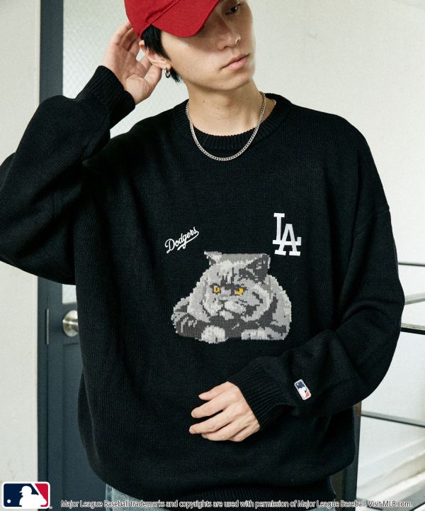 日本MLB 貓咪提花針織圓領毛衣 道奇/洋基/教士 Kueindyis,KNS日本選物,MLB,道奇,洋基,道奇,教士,帽踢,日本MLB