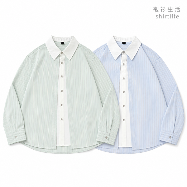 秋季細條紋假兩件長袖襯衫 長袖襯衫,休閒襯衫,春夏襯衫,純色襯衫,日式襯衫,假兩件式